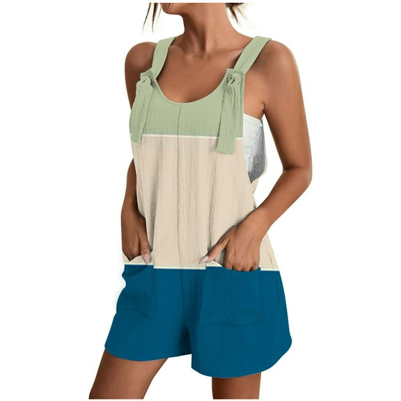 ZQGJB One Piece Rompers for Women Casual Summer Sleeveless Color Block Print Adjustable Knot Strap Jumpsuits Loose Wide Leg Comfy Short Overalls with Pockets Mint Green S