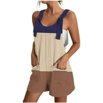 ZQGJB One Piece Rompers for Women Casual Summer Sleeveless Color Block Print Adjustable Knot Strap Jumpsuits Loose Wide Leg Comfy Short Overalls with Pockets Blue XL