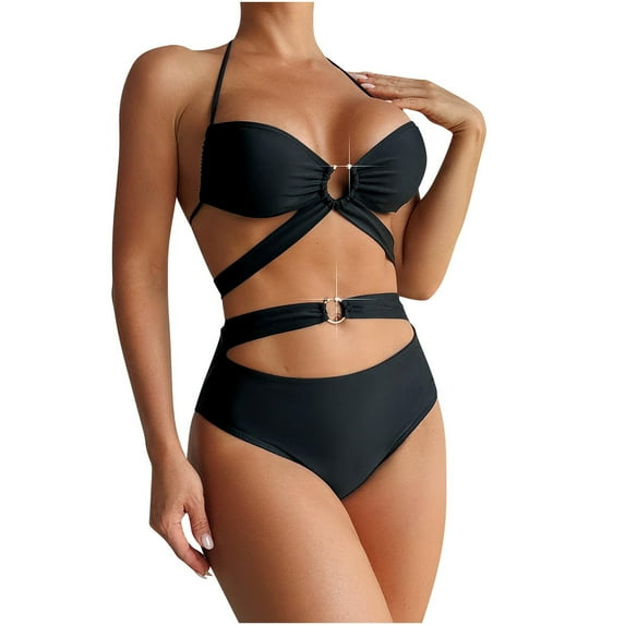 ZQGJB One Piece Swimsuit for Women O-Ring Linked Monokini Sexy Backless Bathing Suit Cutout Swim Suit Tummy Control Swimwear(Black,L)