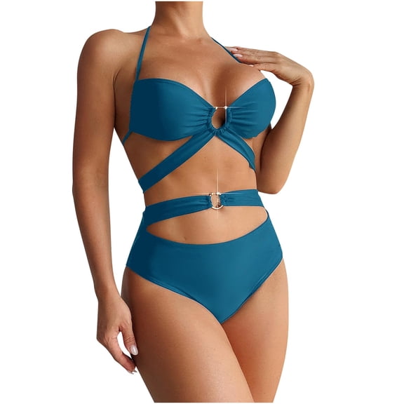 ZQGJB One Piece Swimsuit for Women O-Ring Linked Monokini Sexy Backless Bathing Suit Cutout Swim Suit Tummy Control Swimwear(Light Blue,S)