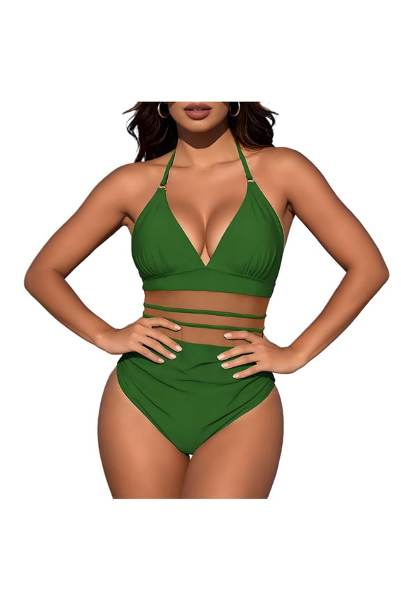 One Piece Swimsuits for Women Stiped Mesh Patchwork See Through Slimming Tummy Control Beach Swimwear Push Up Halter V Neck High Waisted Bathing Suit(Army Green,L)
