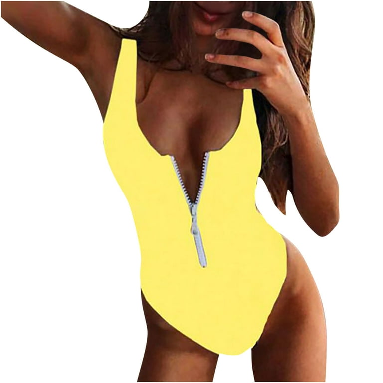 Seam Contoured Zip Front Swimsuit, Black & Yellow Short Wetsuit Style  Bathing Suit For Surfing & Diving, Women's Swimwear