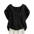 thumbnail image 1 of ZQGJB Oversized Cotton and Linen T-Shirts for Women Lightweight Casual Fall Petal Short Sleeve Asymetric Button V Neck Tunic Blouse Black XXL, 1 of 9