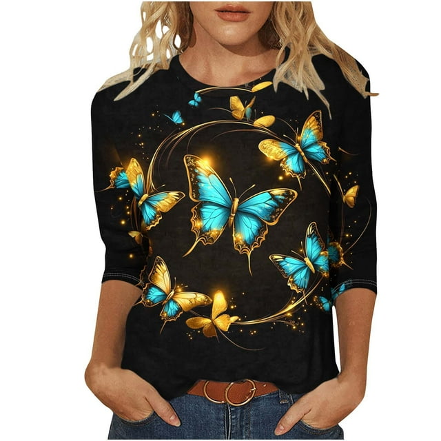ZQGJB Oversized Crewneck T-Shirts for Women Dressy Casual Sparkly Print 3/4 Lenght Sleeve Graphic Tunic Tees Top Loose Fit Comfy Pullover Blouse Multicolor#17 M