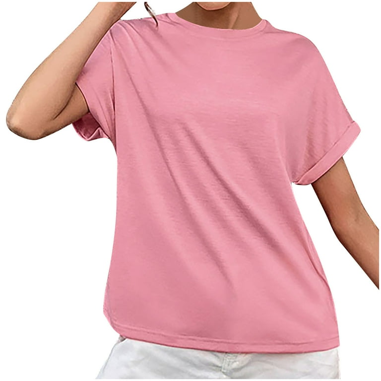 ZQGJB Oversized T Shirts for Women Solid Color Summer Short Sleeve Casual  Round Neck Workout Plain Tees Trendy Pullover Tops Pink S