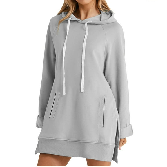 ZQGJB Oversized Tunic Hoodie Tops for Women Fashion Long Sleeve Drawstring Hooded Pullover Sweatshirts Loose Split Hem Long T-Shirts with Pockets Gray M
