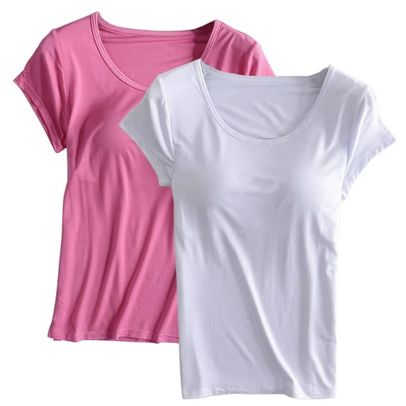 ZQGJB Pack of 2 Women's Cotton T Shirt with Built-in Bra Padded Active Fitted Yoga Tee Tops Casual Solid Color Summer Crew Neck Short Sleeves Shelf Bra Comfy Athletic Shirts Hot Pink&White XXXXL