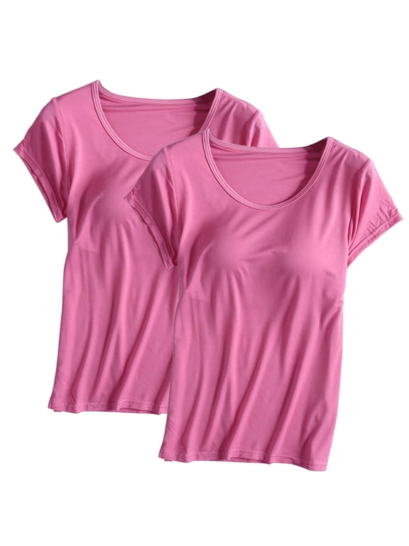Pack of 2 Women's Cotton T Shirt with Built-in Bra Padded Active Fitted Yoga Tee Tops Casual Solid Color Summer Crew Neck Short Sleeves Shelf Bra Comfy Athletic Shirts Hot Pink&Hot Pink M