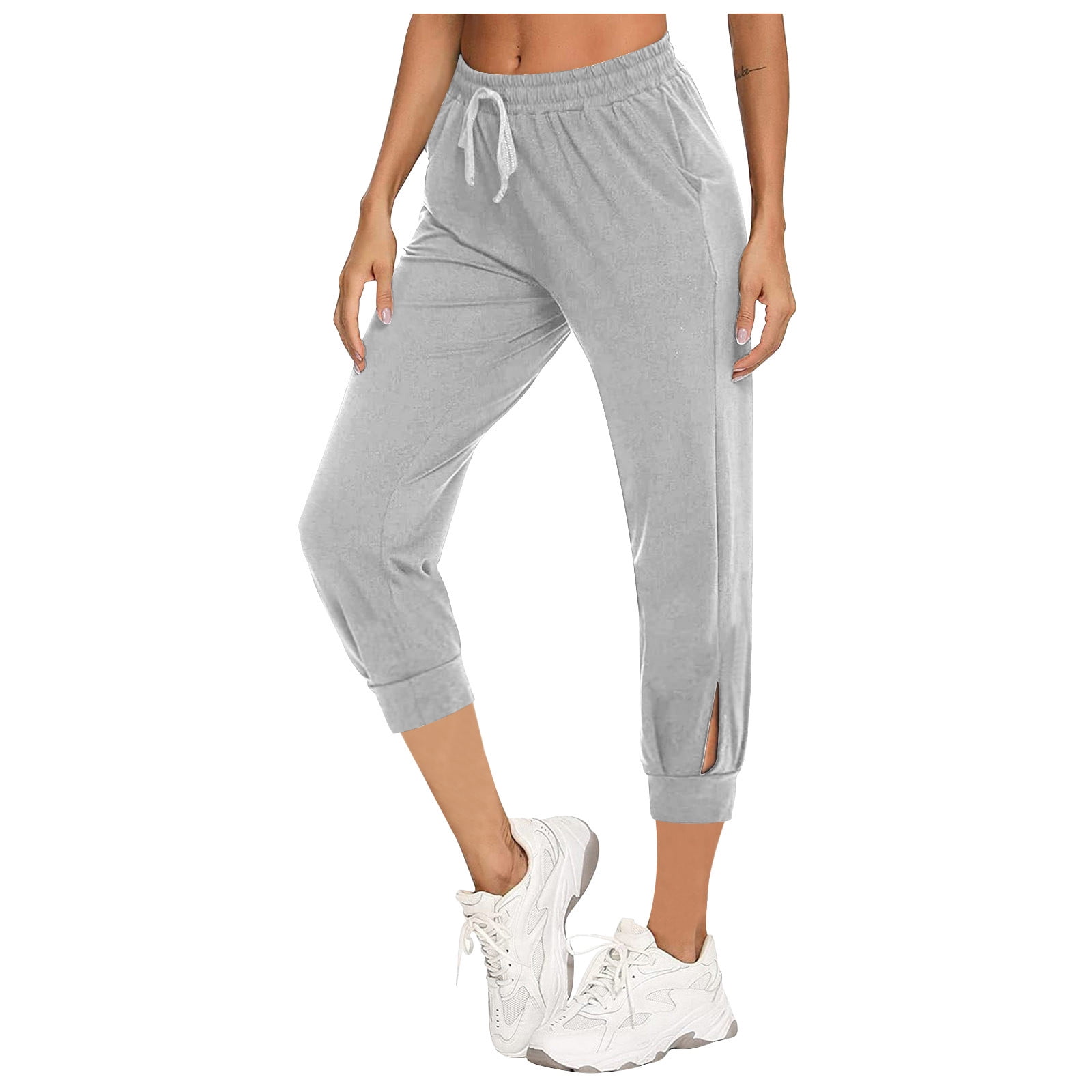 ZQGJB Pants For Women 2023 Leggings Lightweight Summer Casual Drawstring  Solid Color High Wasit Stretch Pants with Pockets Cropped Trousers Gray L 