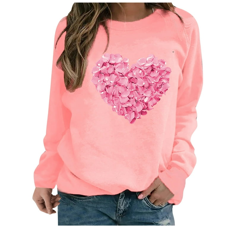 ZQGJB Pink Love Heart Print Valentines Day T Shirts for Women Long Sleeve  Casual Round Neck Pullover Cozy Blouse Lightweight Sweatshirts Tops(Pink,M)