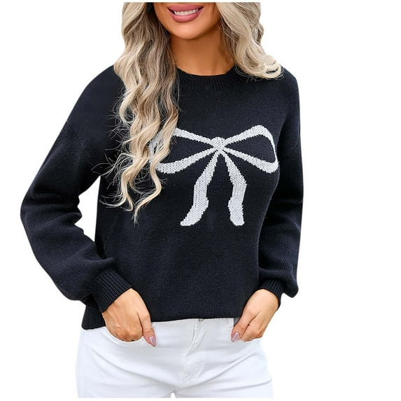ZQGJB Pink Ribbon Bowknot Sweaters for Women Long Sleeve Casual Round Neck Graphic Pullover Tops Loose Lightweight Cozy Knit Jumpers Black M