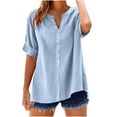 thumbnail image 1 of ZQGJB Plus Size Casual Button Beach Hawaiian Shirts for Women Loose Fit Summer Short Sleeve V Neck Basic Work Tunic T-Shirts Lightweight Dressy Vacation Outfit Clothes Sky Blue L, 1 of 4
