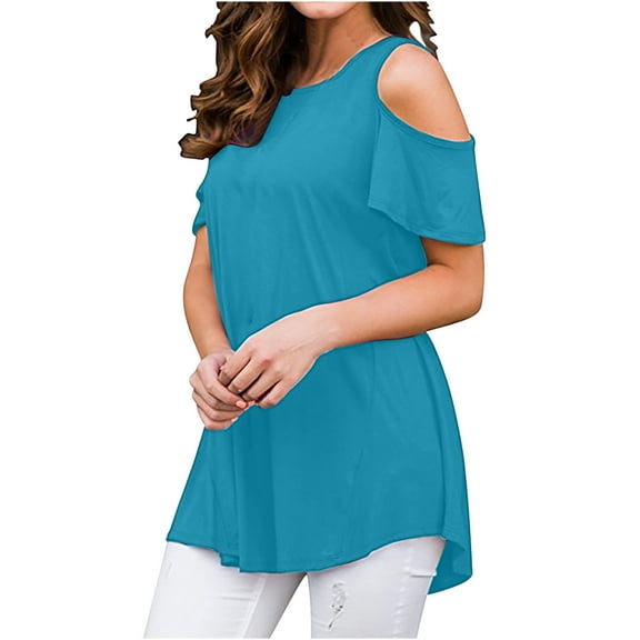ZQGJB Plus Size Cold Shoulder Tops for Women Summer Short Sleeve Casual Solid Color Round Neck Pullover Long Tshirt Loose Flowy Comfy Tunic Blouse Blue M