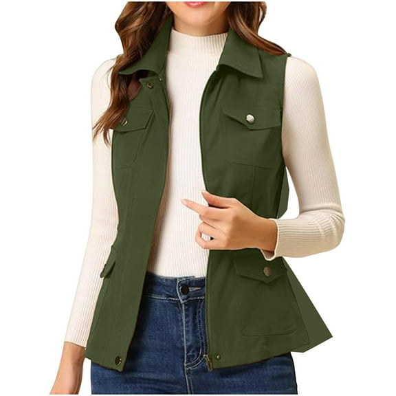 ZQGJB Plus Size Fall Jackets for Women Lightweight Sleeveless Full Zip up Casual Lapel Collared Anorak Cargo Vest with Multi-Pockets Green L