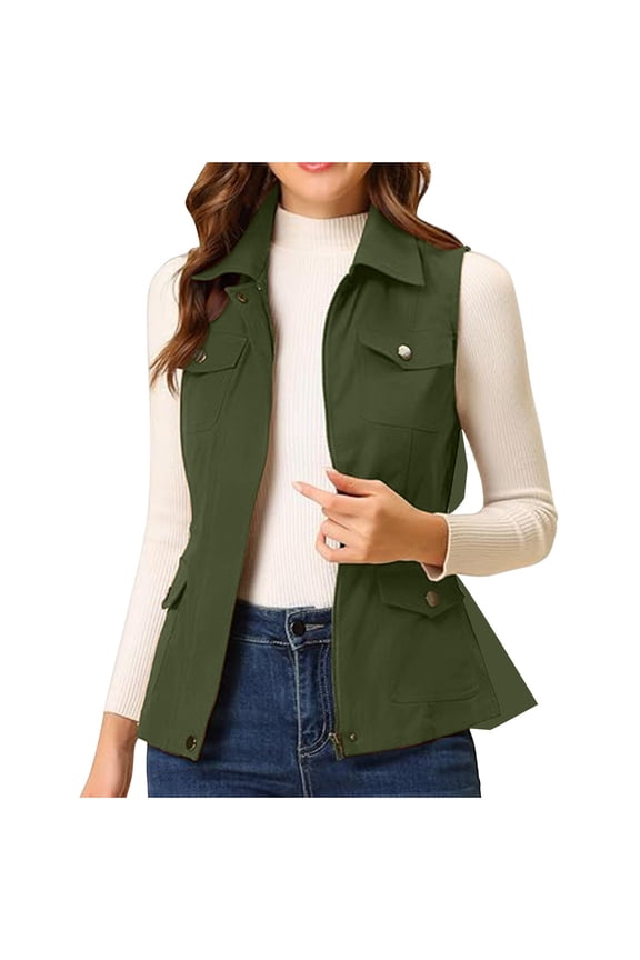 Plus Size Fall Jackets for Women Lightweight Sleeveless Full Zip up Casual Lapel Collared Anorak Cargo Vest with Multi-Pockets Green XXL