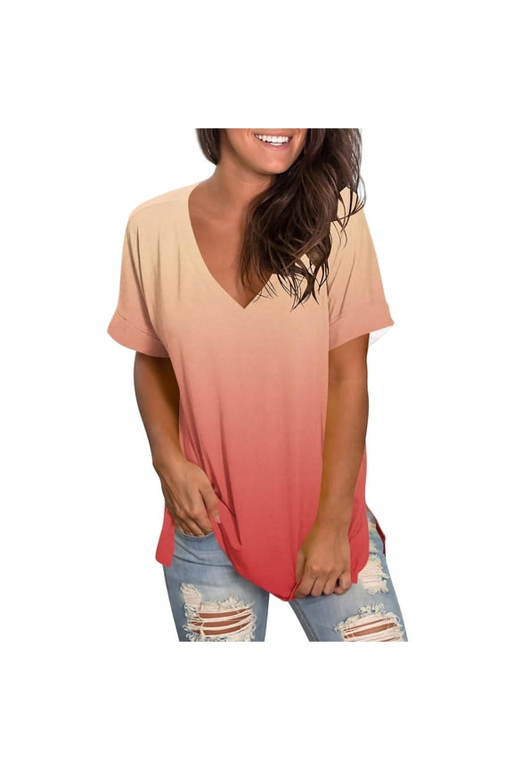 Plus Size Ombre Tshirt Women Cuffed Short Sleeve V-Neck Tie Dye Tunic Blouse Shirts Loose Fit Casual Tee T-Shirt Summer Gradient Tops Red XXL