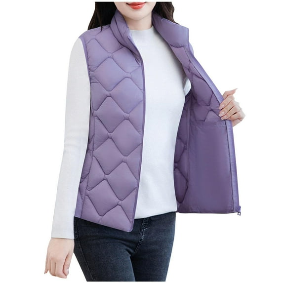 ZQGJB Plus Size Puffer Vest Women Fall Winter Coats 2025 Lightweight Stand Collar Vest Trendy Sleeveless Full Zip Up Quilted Jackets Purple XXXL