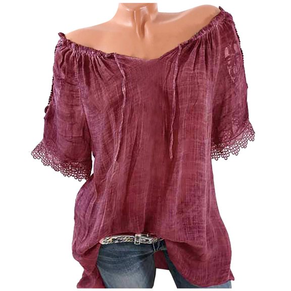 ZQGJB Plus Size Off the Shoulder Tops for Women Casual Lace Trim Short Sleeve Solid Color T-Shirts Loose Fit Comfy Pullover Oversized Tshirt Blouse Wine XXXL