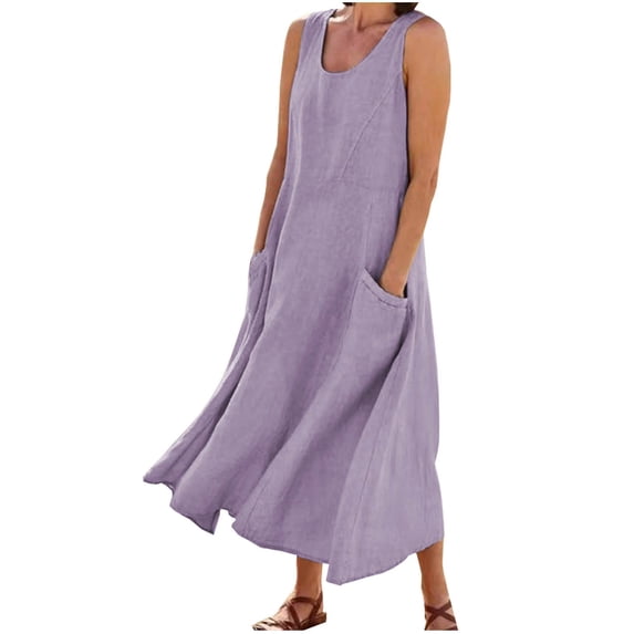 ZQGJB Plus Size Summer Maxi Dresses for Women Casual Sleeveless Cotton Linen Beach Sundress Trendy Solid Color Loose Flowy Long Dress with Pockets Purple M