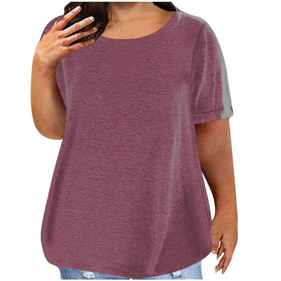 ZQGJB Plus Size Summer T-Shirts for Women Trendy Solid Color Short Sleeve Crewneck Pullover Tops Loose Lightweight Comfy Baggy Tunic Blouse Watermelon Red XL