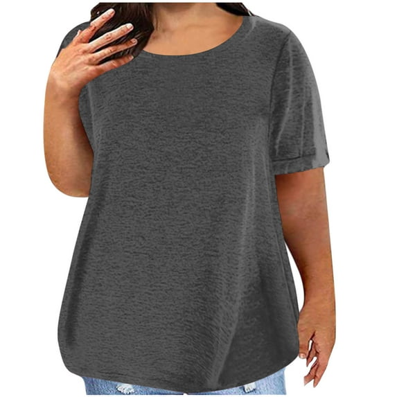 ZQGJB Plus Size Summer T-Shirts for Women Trendy Solid Color Short Sleeve Crewneck Pullover Tops Loose Lightweight Comfy Baggy Tunic Blouse Gray XXXL