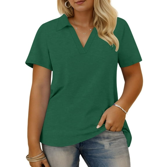 ZQGJB Plus Size Summer Tops for Women Collared V Neck Polo Shirts Flowy Tunics Trendy Short Sleeve Basic Tees Fashion Business Work Blouses Green XL