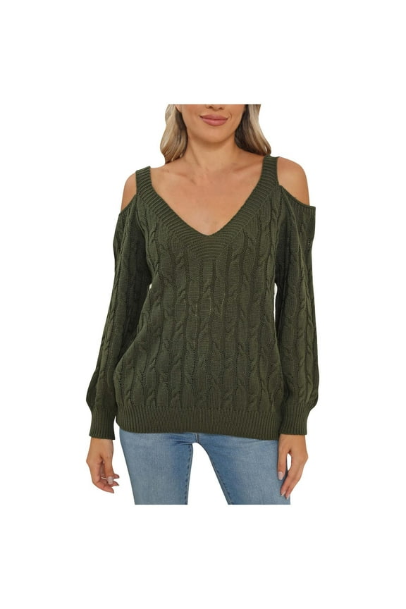 Plus Size Sweaters for Women Sexy Off Shoulder Casual Solid Color Cable Knit V Neck Hollow Out Long Sleeve Pullover Jumper Tops Army Green M
