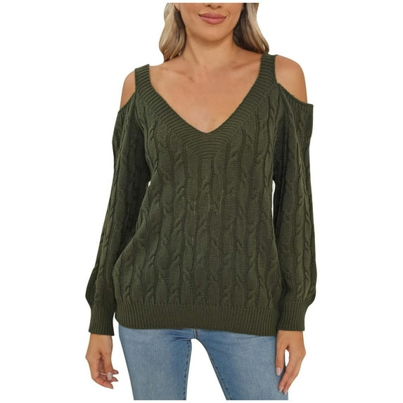 ZQGJB Plus Size Sweaters for Women Sexy Off Shoulder Casual Solid Color Cable Knit V Neck Hollow Out Long Sleeve Pullover Jumper Tops Army Green XL