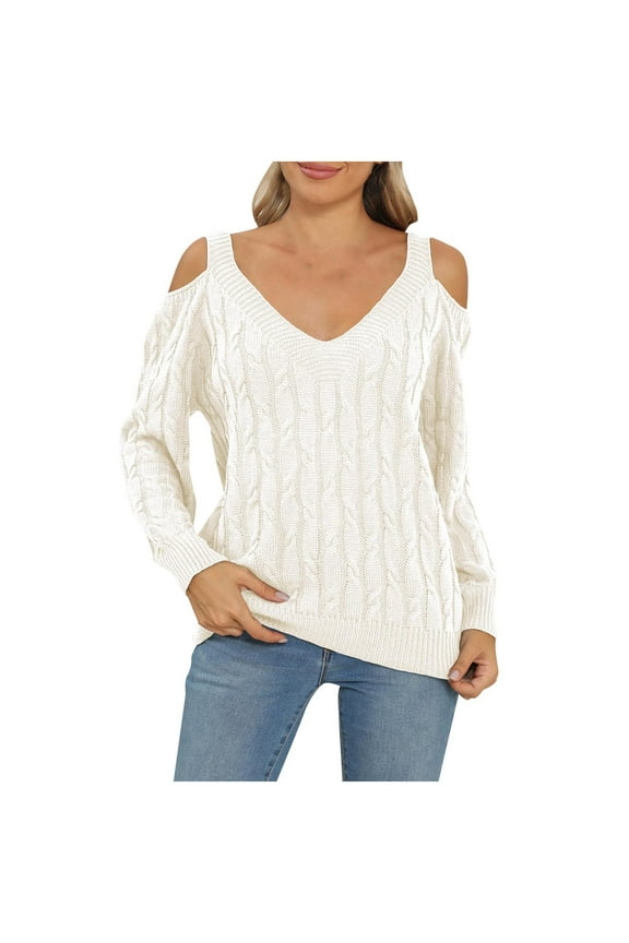 Plus Size Sweaters for Women Sexy Off Shoulder Casual Solid Color Cable Knit V Neck Hollow Out Long Sleeve Pullover Jumper Tops White L