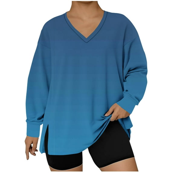 ZQGJB Plus Size Sweatshirts for Women Loose Fit Oversized Casual V Neck Basic Long Sleeve Pullover Tops Side Slit Athletic Tees Shirt Trendy 2025 Fall Fashion Outfit Clothes Blue#02 XXXL