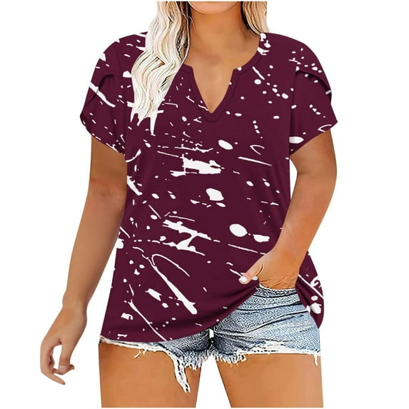 ZQGJB Plus Size Tie Dye Print Tops for Women Casual Summer Short Sleeve V Neck Graphic Tunic T-Shirts Loose Lightweight Comfy Baggy Tees Blouse Wine XXXXXL