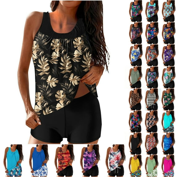 ZQGJB Plus Size Two Piece Women's Tankini Swimsuits Cute Summer Floral Printed Blouson Ruched Pleated Beach Swim Tank Top with Boyshorts Modest Bathing Suits(Multicolor#18,M)