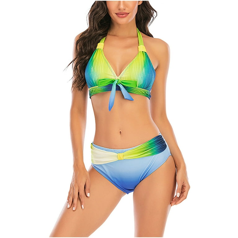 ZQGJB Plus Size Women Bikini Sets 2 Piece Swimsuit High Waisted Bottom Tie  Dye Gradient Print Halter V Neck Front Tie Knot Bathing Suits(Green,XXXXL)