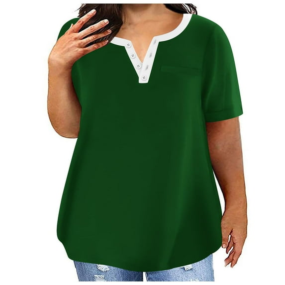ZQGJB Plus Size Women Button Tops Casual Solid Color Summer Short Sleeve V Neck Henley Shirts Loose Oversized Baggy Tunic Tees Blouse Green XXXL