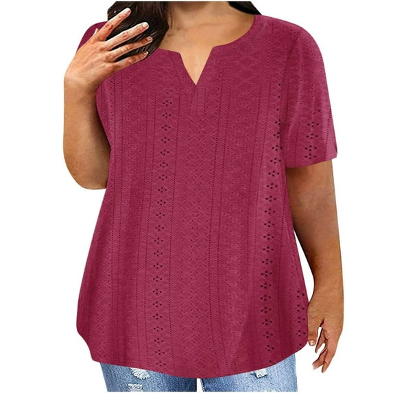 ZQGJB Plus Size Women Eyelet Tops Casual Summer Short Sleeve V Neck Tunic Blouse Trendy Lace Hollow out Oversized Baggy Solid Color Pullover T-Shirts Red XL