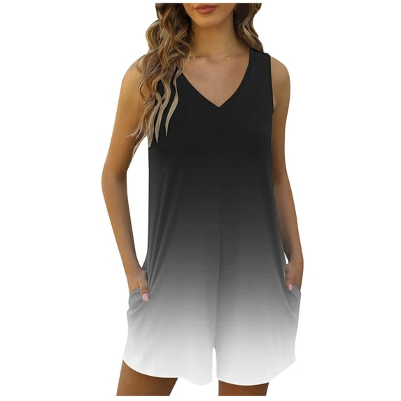 ZQGJB Plus Size Women One Piece Rompers Casual Summer Sleeveless Tie Dye Gradient Print V Neck Short Overall Pants Loose Fit Comfy Bib Jumpers Black XXXL