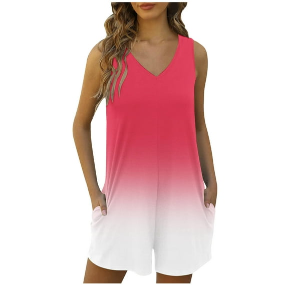 ZQGJB Plus Size Women One Piece Rompers Casual Summer Sleeveless Tie Dye Gradient Print V Neck Short Overall Pants Loose Fit Comfy Bib Jumpers Hot Pink L
