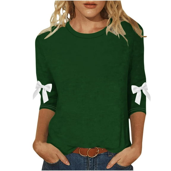 ZQGJB Plus Size Womens 3/4 Sleeve Tops Trendy Fall Crew Neck Basic Dressy Casual Tunic Blouse Cute Bowknot Patchwork Pullover Loose Oversized Comfy Baggy T-Shirts Green XXL
