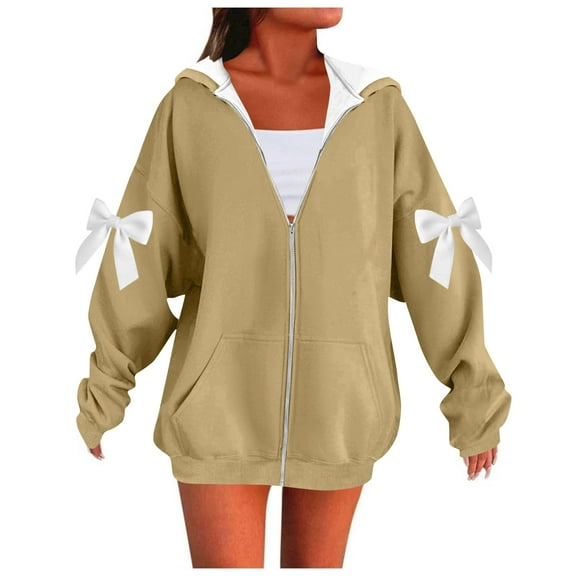 ZQGJB Plus Size Womens Hoodie Jackets Casual Full Zip up Cute Bowknot Patchwork Long Sleeve Hooded Pullover Sweatshirts Lightweight Fall Outwear Tops with Pockets Khaki XXXXXL
