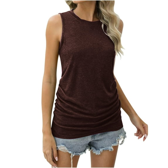 ZQGJB Plus Size Womens Ruched Tank Tops Loose Fit Crewneck Sleeveless Tops Dressy Casual Solid Color Basic Summer T-Shirts for Women 2024 Brown XL