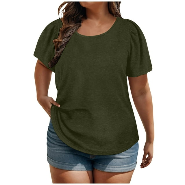 ZQGJB Plus Size Womens Summer T-Shirts Casual Solid Color Puff Short Sleeve Crewneck Basic Workout Tees Shirt Tops Loose Fit Cotton Blouse Army Green XL