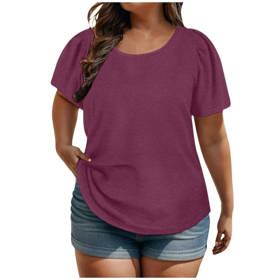 ZQGJB Plus Size Womens Summer T-Shirts Casual Solid Color Puff Short Sleeve Crewneck Basic Workout Tees Shirt Tops Loose Fit Cotton Blouse Wine XXXXL