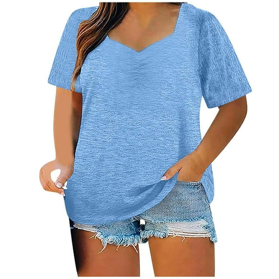 ZQGJB Plus Size Womens Summer Tops Casual V Neck Plain Tees Shirt Loose Fit Comfy Baggy Tunic Blouse Trendy Soft Cotton Basic Workout T-Shirts Light Blue L