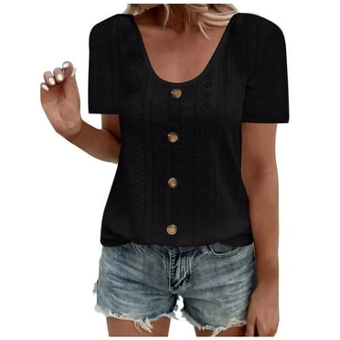 ZQGJB Plus Size Womens T-Shirts Casual Button Round Neck Solid Color Tunic Blouse Cute Summer Short Sleeve Basic Workout Tees Shirt Tops Black M