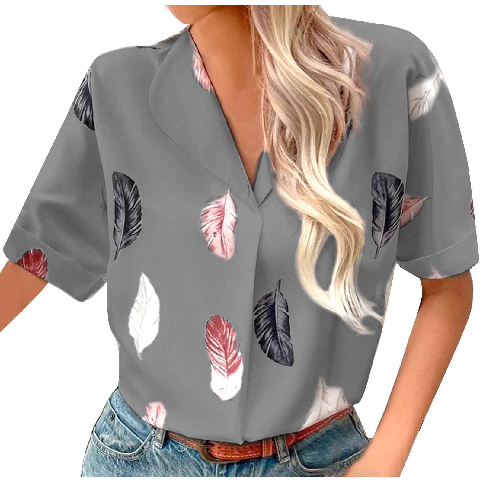 ZQGJB Plus Size Womens Tops Cute Feather Print Summer Short Sleeve Lapel V  Neck Beach Hawaiian Shirts Loose Casual Graphic Tee Shirt Blouse Gray XXXXL  
