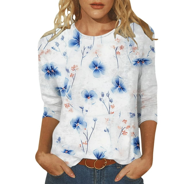 ZQGJB Plus Size Womens Tops Dressy Casual Floral Butterfly Pattern Print 3/4 Sleeve Round Neck Graphic T-Shirts Loose Fit Oversized Grapihc Tunic Blouse Multicolor#07 XXXXL