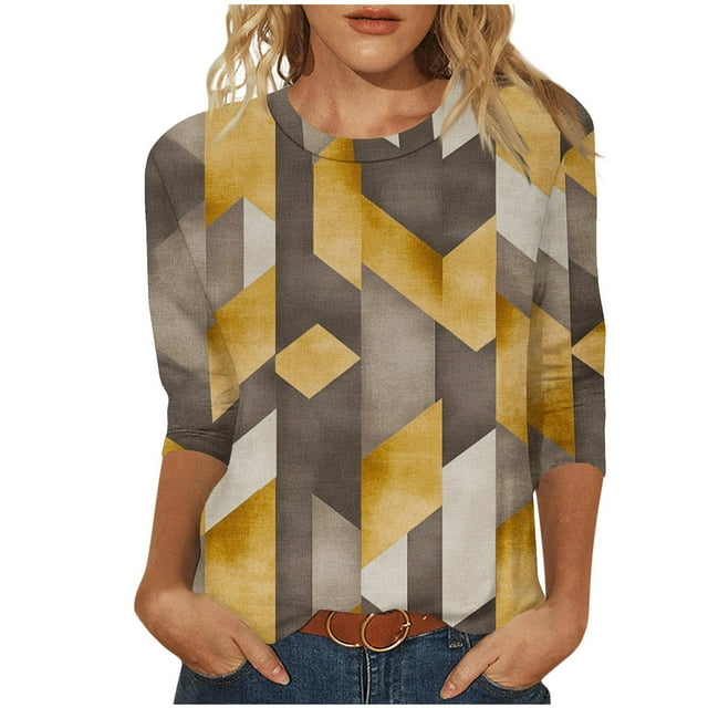 ZQGJB Plus Size Womens Tunic Blouse Vintage Color Block Print Summer 3/4 Sleeve Round Neck Graphic T-Shirts Ethnic Style Oversized Comfy Pullover Tops Multicolor#06 XXXL