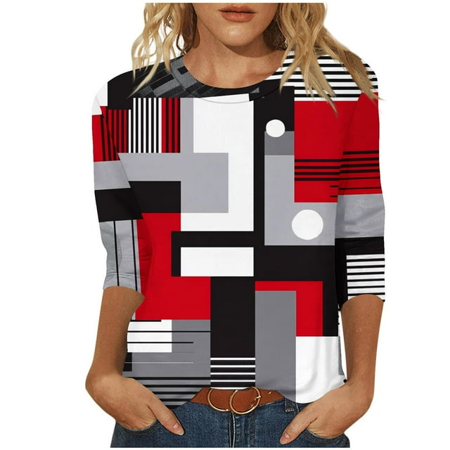ZQGJB Plus Size Womens Tunic Blouse Vintage Color Block Print Summer 3/4 Sleeve Round Neck Graphic T-Shirts Ethnic Style Oversized Comfy Pullover Tops Multicolor#10 XL