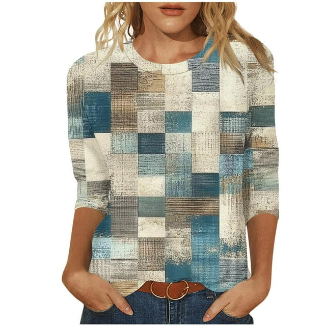 ZQGJB Plus Size Womens Tunic Blouse Vintage Color Block Print Summer 3/4 Sleeve Round Neck Graphic T-Shirts Ethnic Style Oversized Comfy Pullover Tops Multicolor#04 XL