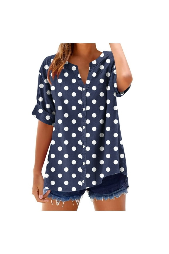 Polka Dot Shirts for Women Casual Summer Short Sleeve Button Down V Neck Graphic Holiday T-Shirts Trendy Vacation Beach Outfit Clothes 2025 Navy L